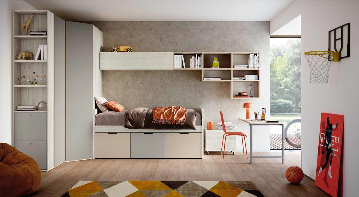 Cameretta con armadio ad angolo, finitura Bianco altea, Grigio seta e Orzo