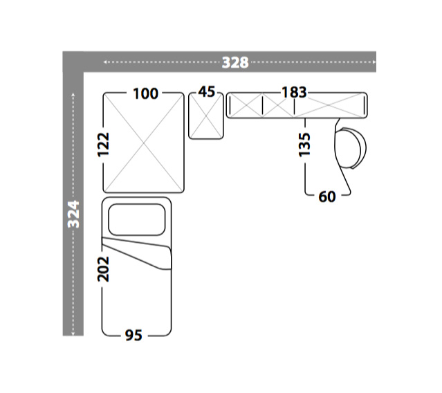 Cameretta con divano letto e armadio angolare, finitura Girasole, Blu reale e Bianco frassino Zenzero Shop