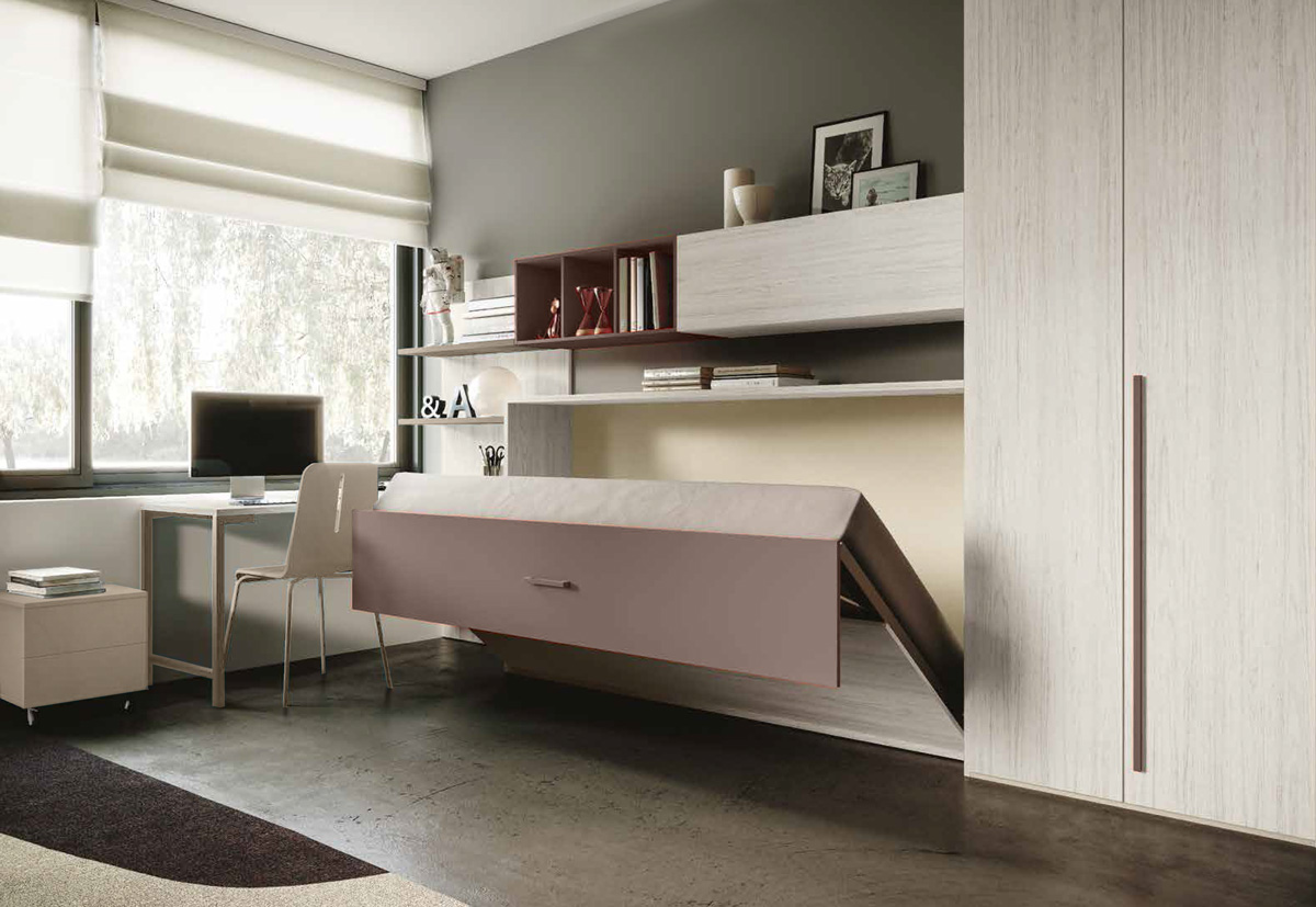 Cameretta con letto a scomparsa e armadio 2 ante, finitura Bianco altea e Bronzo