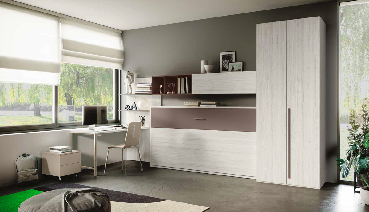 Cameretta con letto a scomparsa e armadio 2 ante, finitura Bianco altea e Bronzo