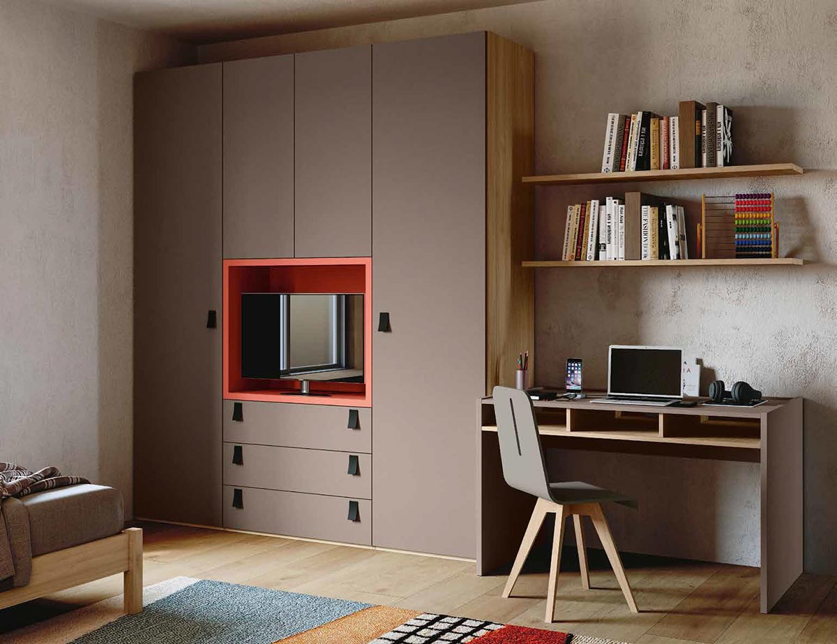 Cameretta con libreria, armadio e letto in Bronzo, Noce biondo e Corallo