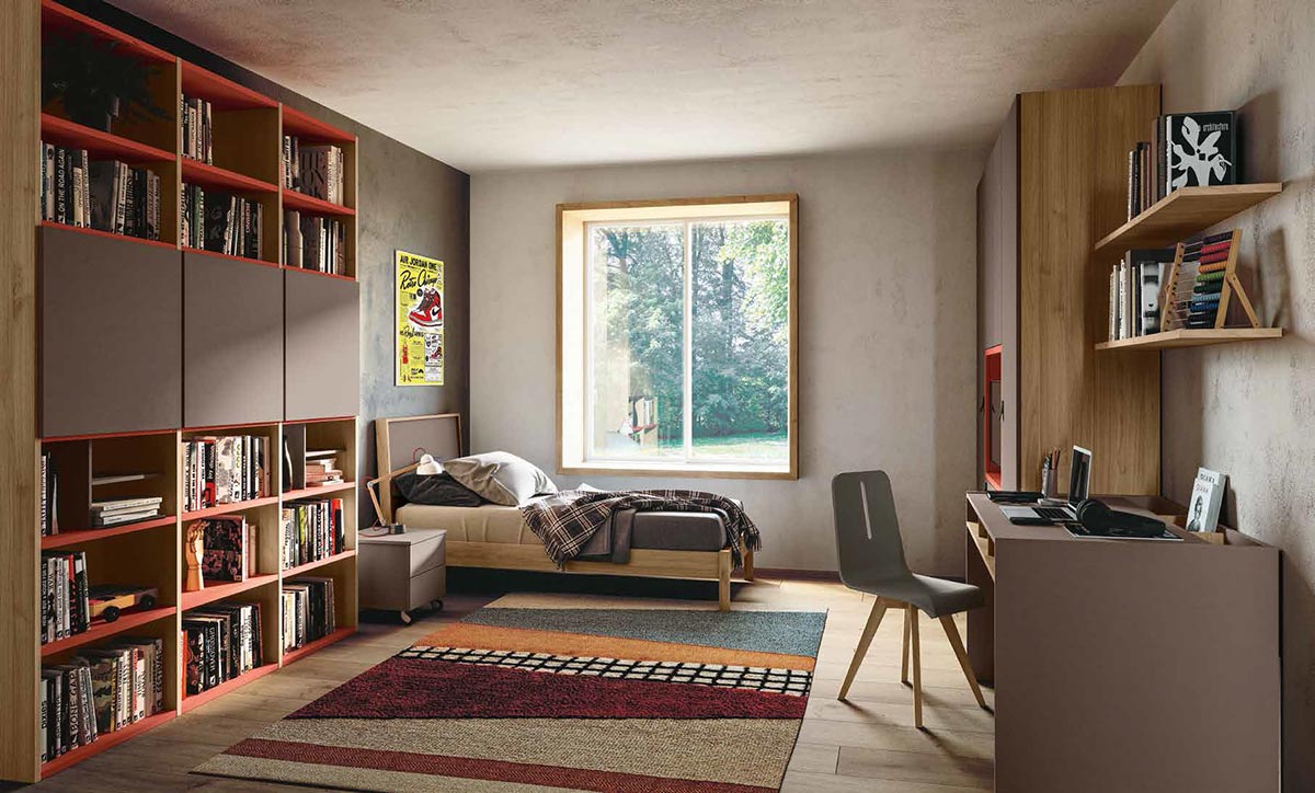 Cameretta con libreria, armadio e letto in Bronzo, Noce biondo e Corallo