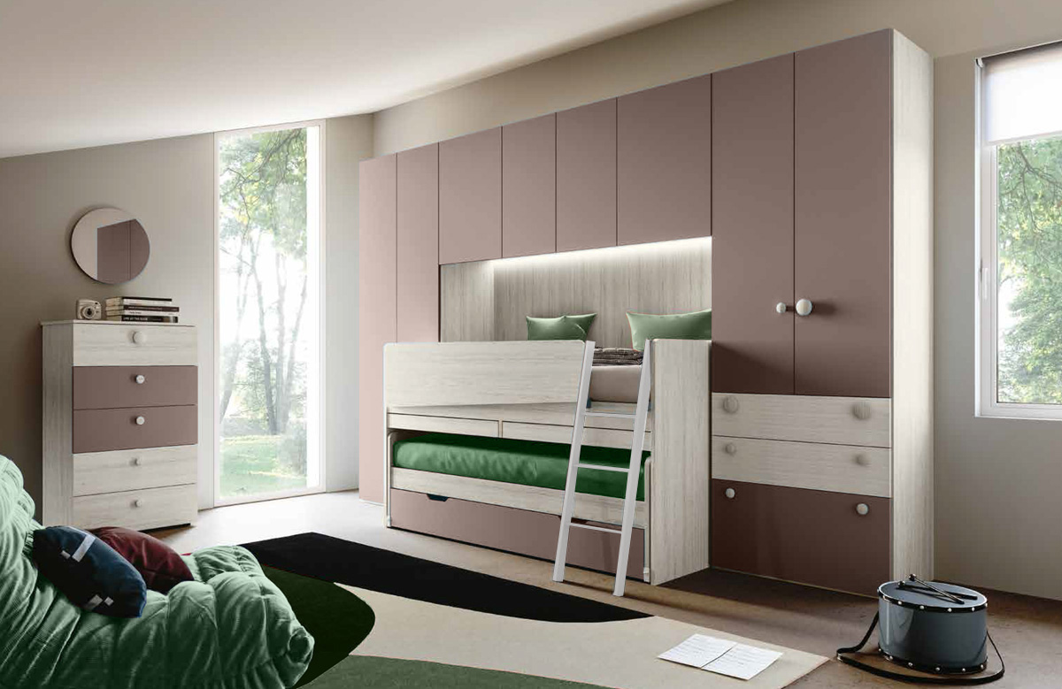 Cameretta a ponte con 3 letti e scrivania, finitura Bronzo e Bianco altea