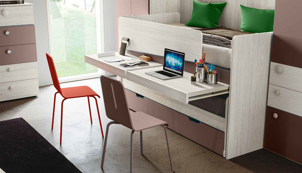 Cameretta a ponte con 3 letti e scrivania, finitura Bronzo e Bianco altea