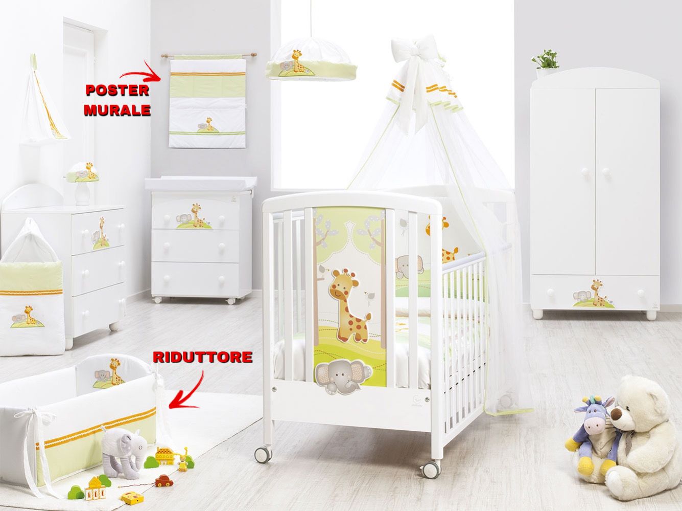 Culla neonati Melman bianca  con ruote e decori colorati