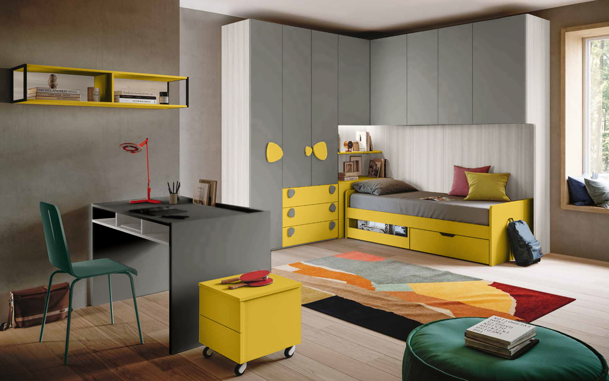 Cameretta bambini a ponte, finitura Grigio cenere, Giallo cedro e Bianco altea