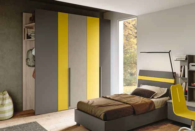 Cameretta colorata per ragazzi, fintiura Grigio cenere, Olmo natura e Giallo cedro