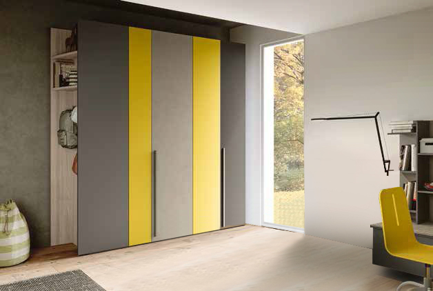 Armadio da camerette 4 ante battenti in Giallo cedro, Grigio cenere, Argilla e Olmo