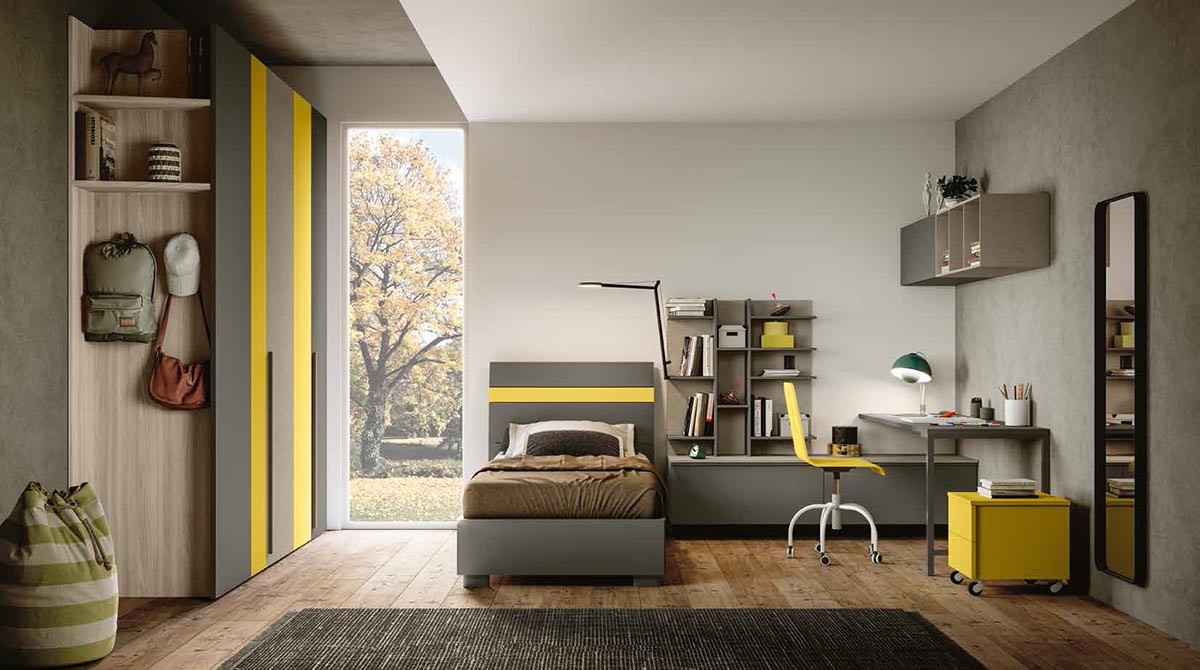 Cameretta colorata per ragazzi, fintiura Grigio cenere, Olmo natura e Giallo cedro