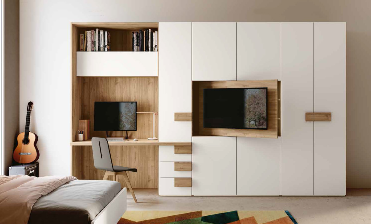 Armadio porta tv e scrivania, finitura Bianco e Noce biondo