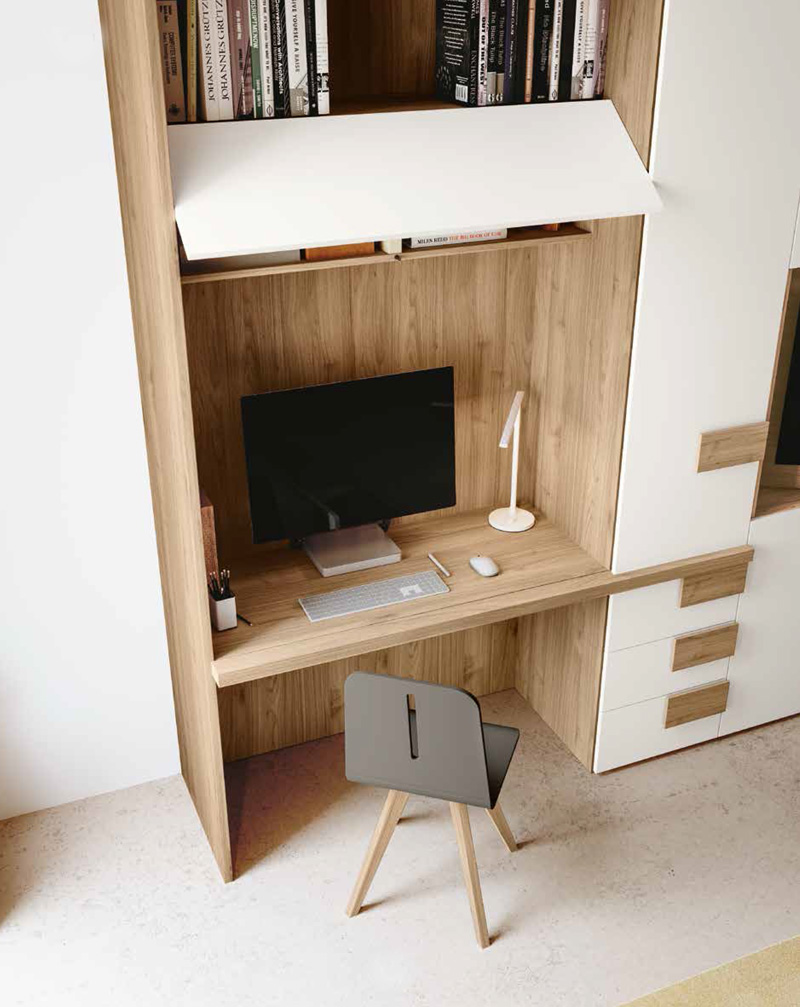 Armadio porta tv e scrivania, finitura Bianco e Noce biondo