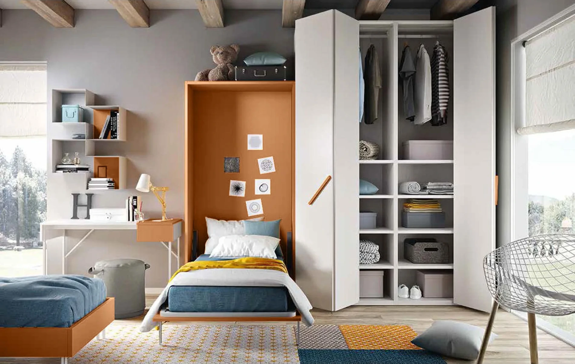 Cameretta ragazzi Terracotta e Bianco frassino, con armadio 4 ante apertura a libro