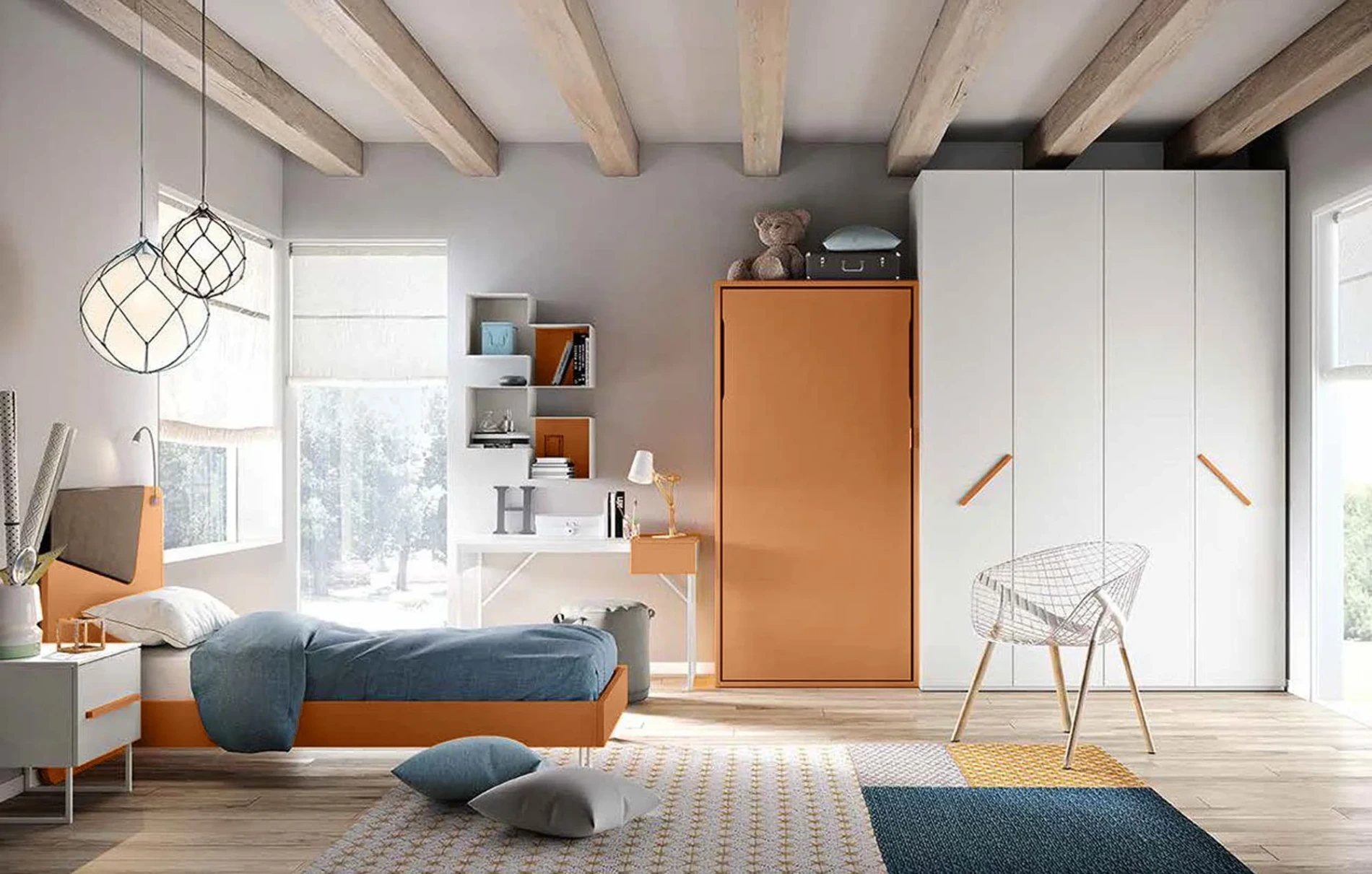 Cameretta ragazzi Terracotta e Bianco frassino, con armadio 4 ante apertura a libro