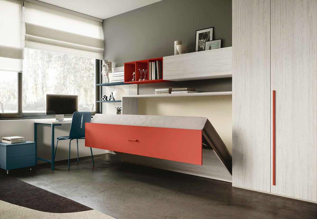 Cameretta Penelope con letto a scomparsa e armadio 2 ante, finitura Bianco Altea Corallo e Petrolio