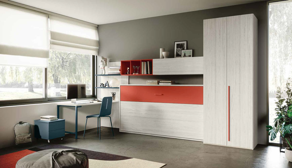 Cameretta Penelope con letto a scomparsa e armadio 2 ante, finitura Bianco Altea Corallo e Petrolio