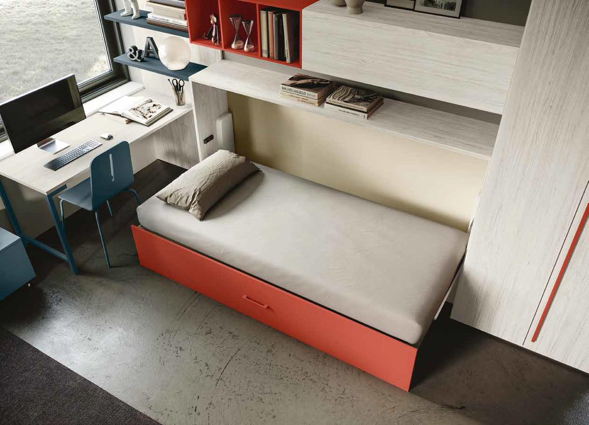 Cameretta Penelope con letto a scomparsa e armadio 2 ante, finitura Bianco Altea Corallo e Petrolio