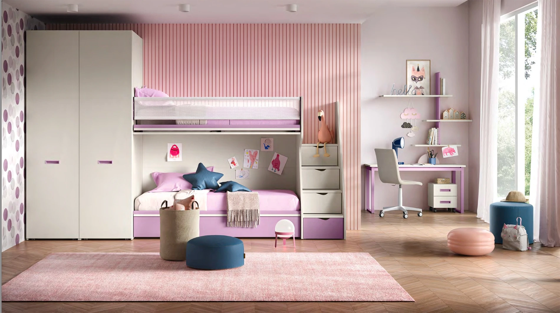 Letto a castello Level, con scaletta contenitiva, Quarzo e Dalia, Moretti Compact