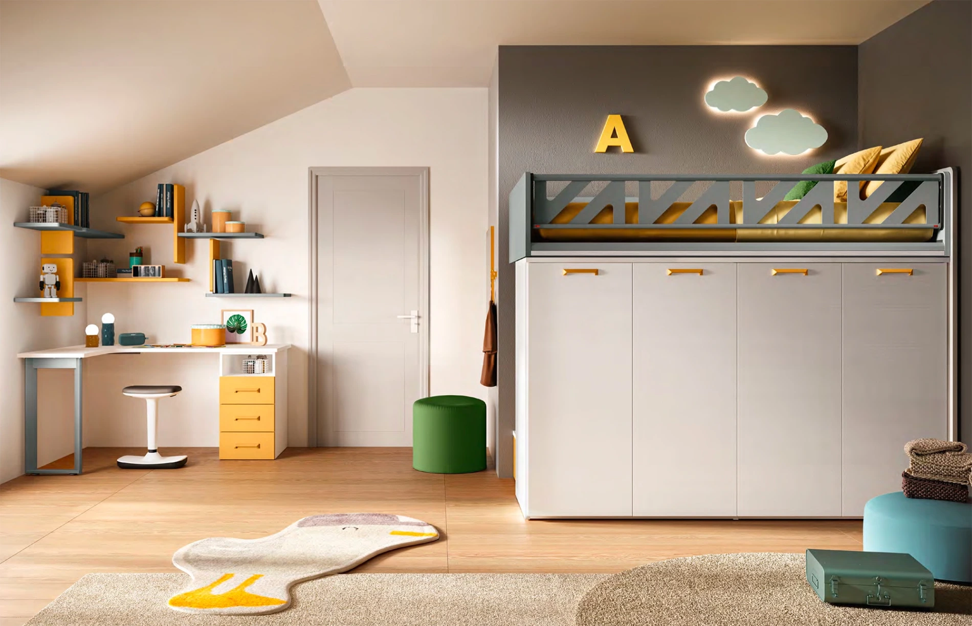 Letto a castello Level Smart, Frassino bianco, Ocra e Cemento, Moretti Compact