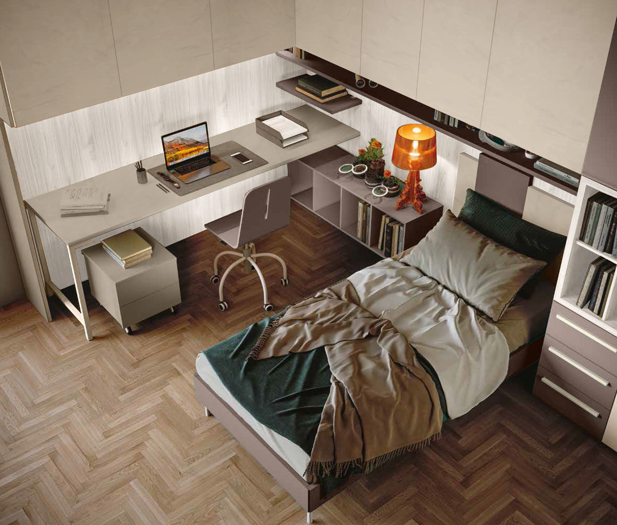 Cameretta a ponte angolare, finitura Argilla, Bronzo e Bianco altea