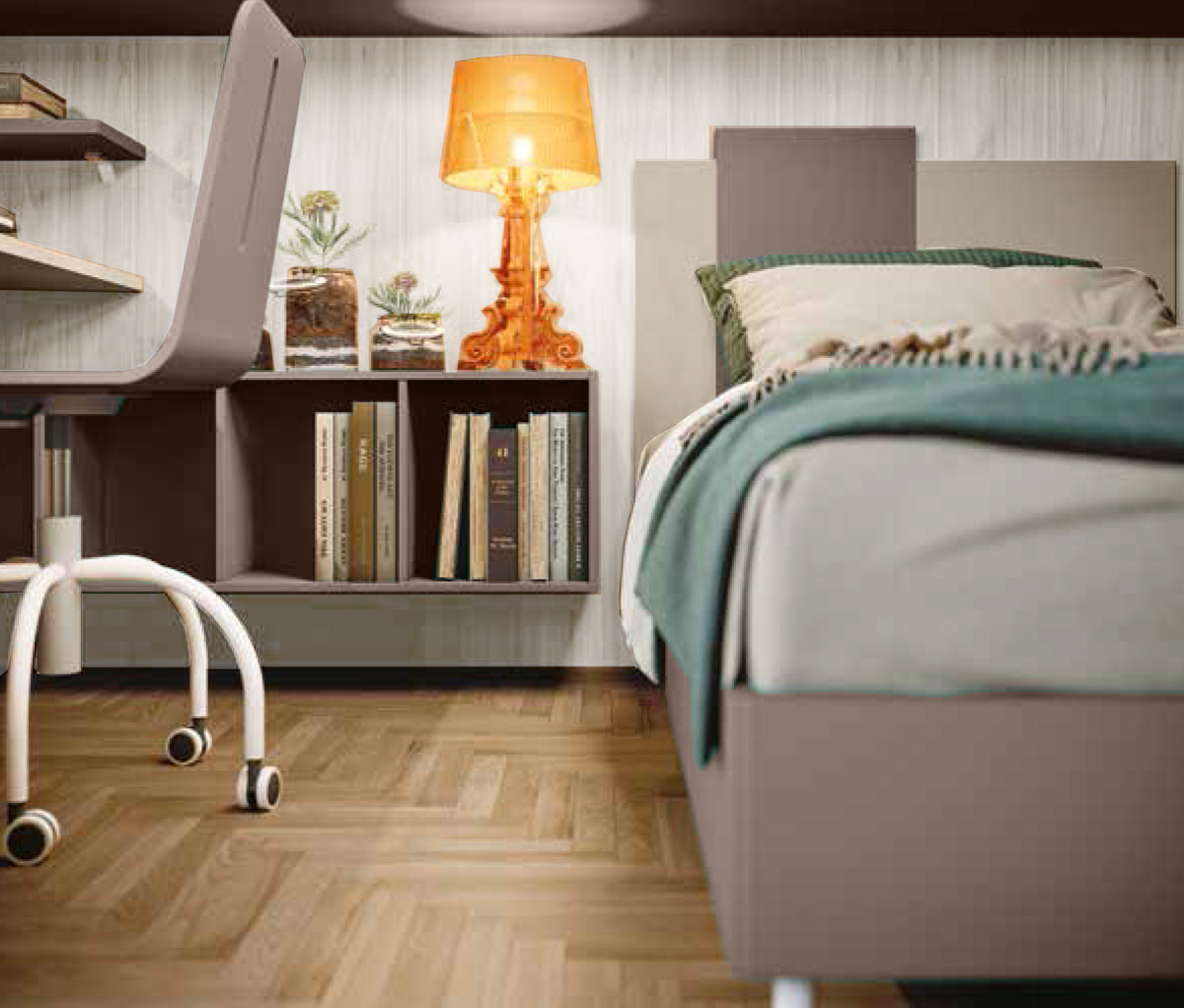 Cameretta a ponte angolare, finitura Argilla, Bronzo e Bianco altea