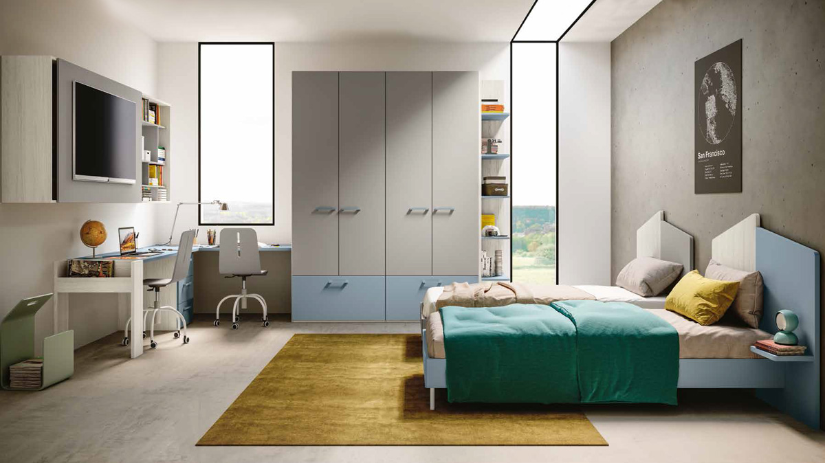 Cameretta 2 letti singoli, finitura Bianco altea, Carta da zucchero e Grigio seta