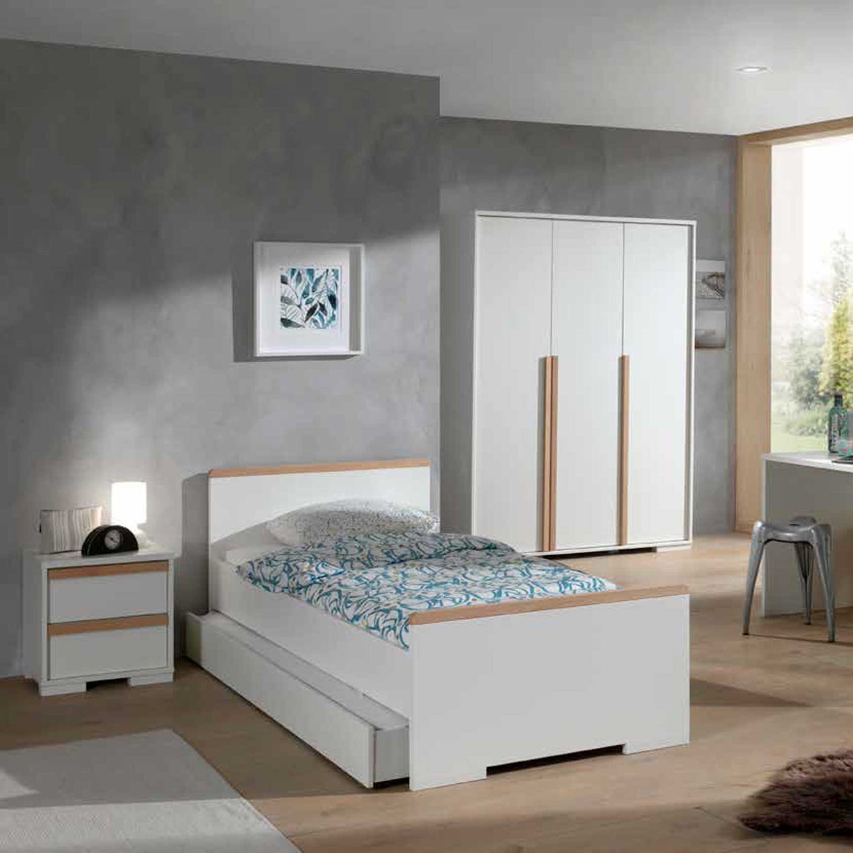 Cameretta completa con armadio 3 ante, letto e comodino pino e bianco