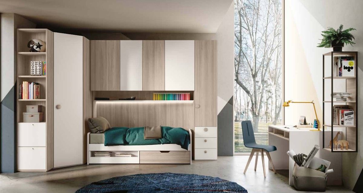 Divano letto cassettoni per camerette, finitura Bianco e Olmo natura