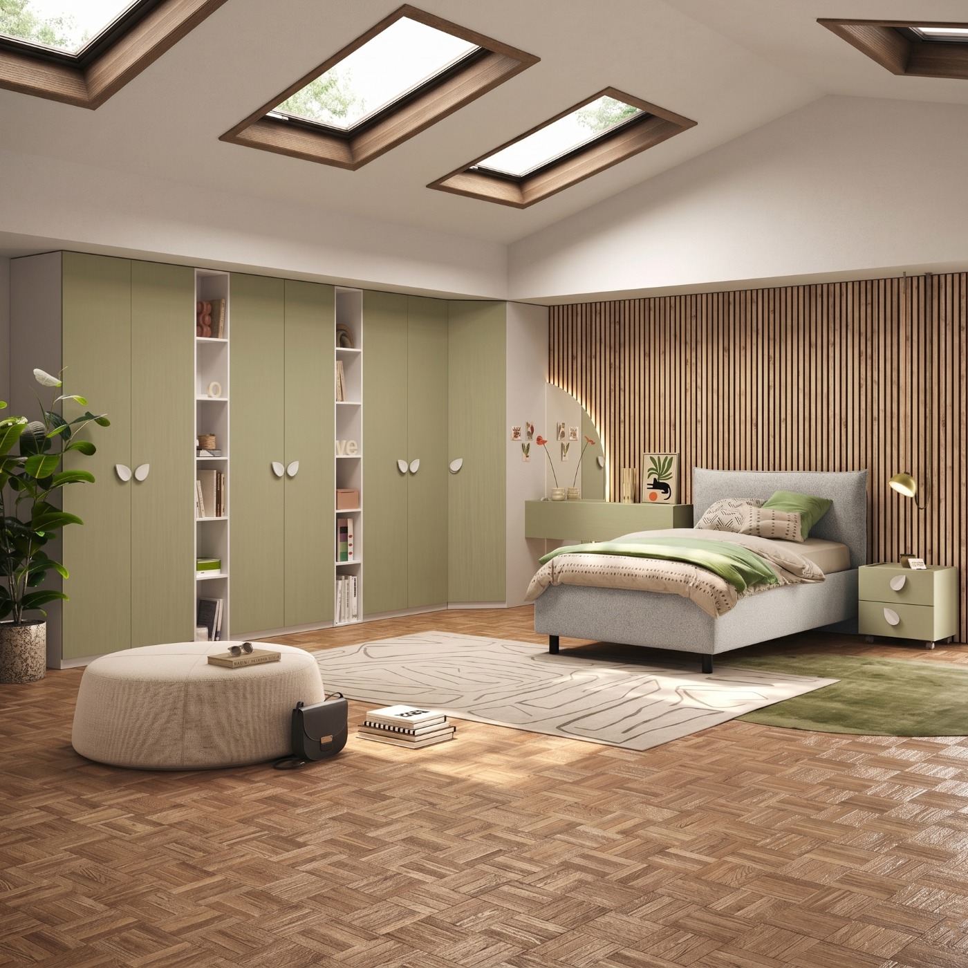 Cameretta ragazzi con letto contenitore bouclè Avorio, Pistacchio e Bianco opaco