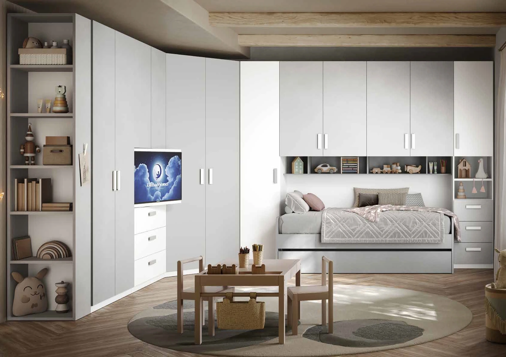 Armadio a ponte con angolo e pannello tv, Bianco opaco e Gesso, L.410 x 303