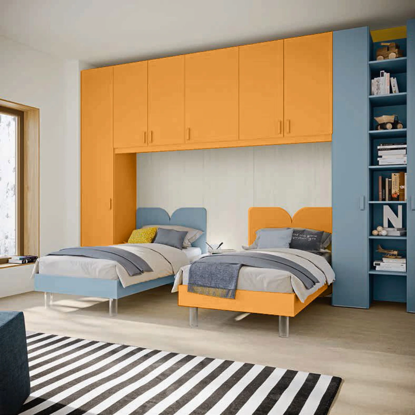 Camera a ponte per ragazzi, finitura Miele, Cadaques e Rovere gesso