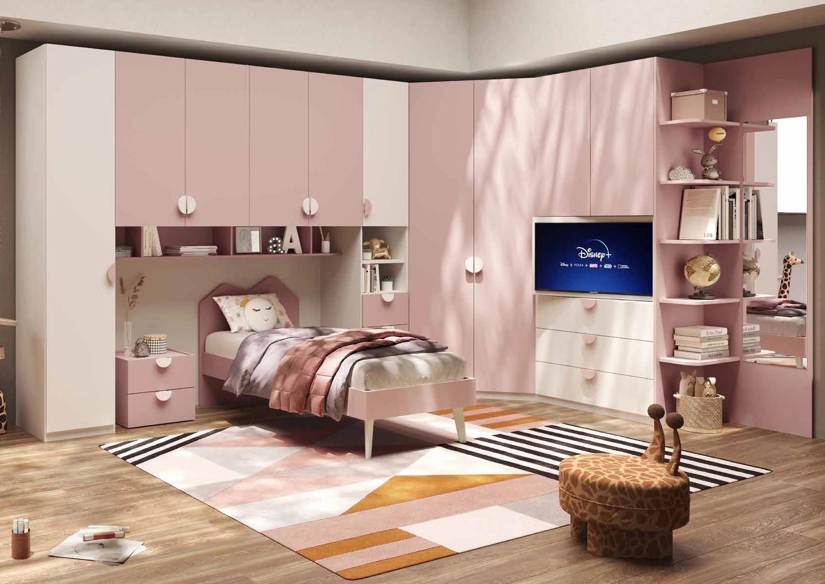 Armadio a ponte con angolo e pannello tv, Bianco opaco e Flamingo, L.410 x 281