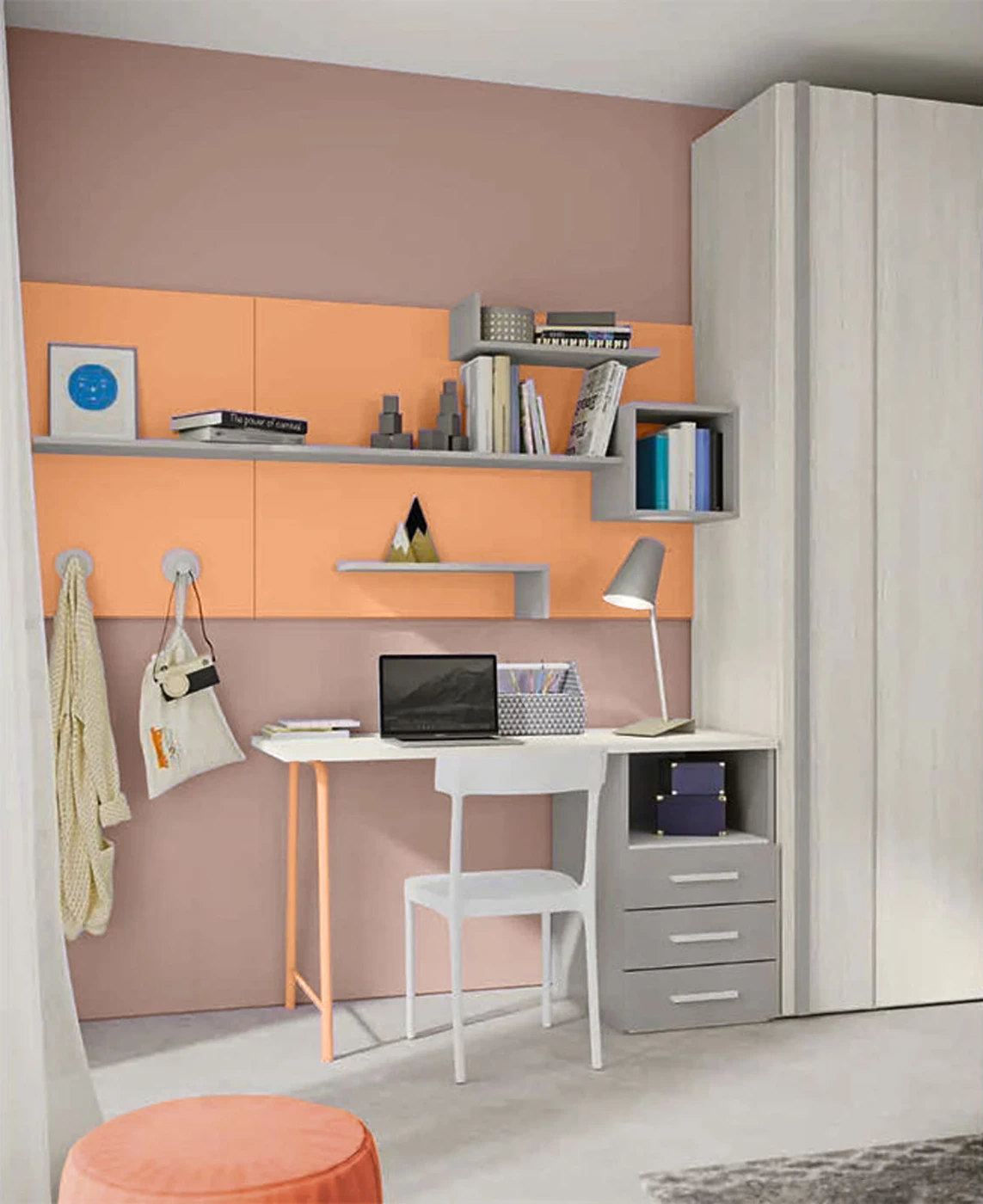 Scrivania con cassettiera Grigia dorian, Rovere gesso e Papaya