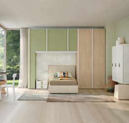 Cameretta ponte con scrivania, finitura Cemento artico, Royal oak e Oliva