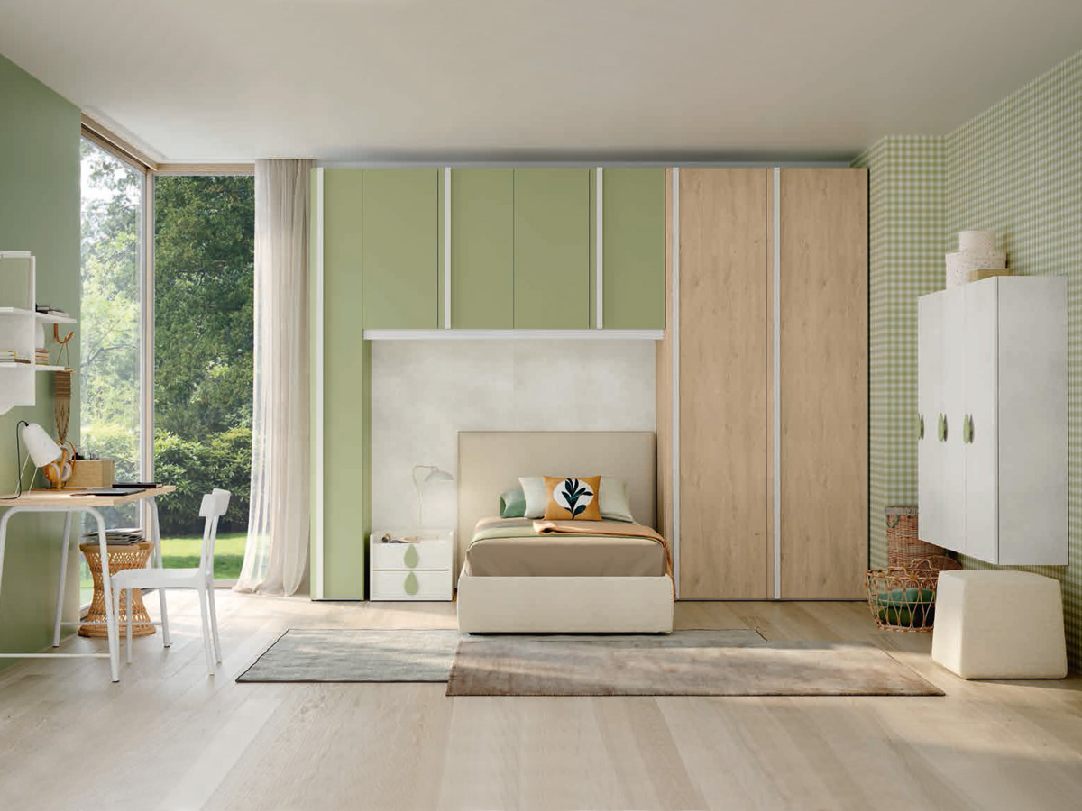 Cameretta ponte con scrivania, finitura Cemento artico, Royal oak e Oliva