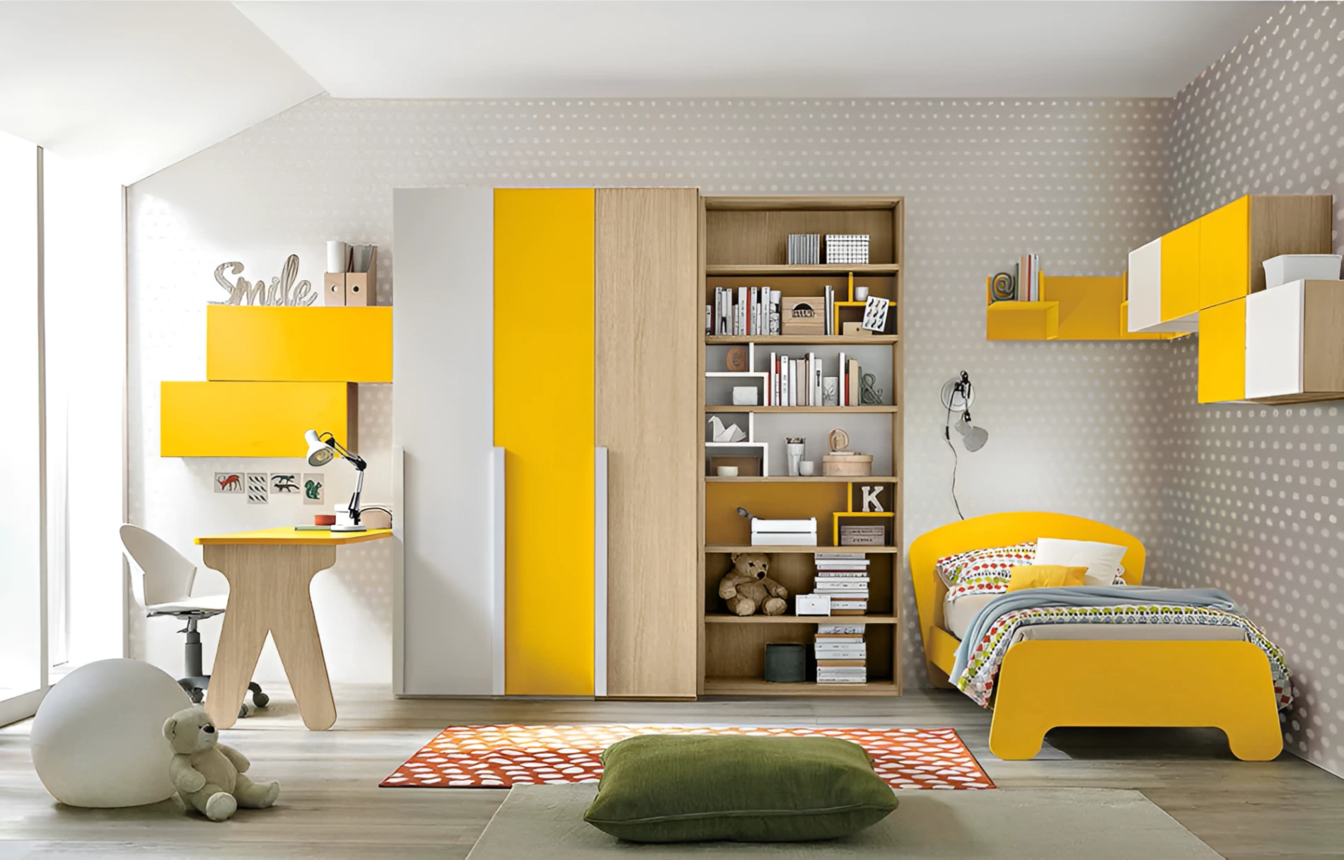 Cameretta moderna per ragazzi in Girasole, Rovere ambra e Bianco frassino