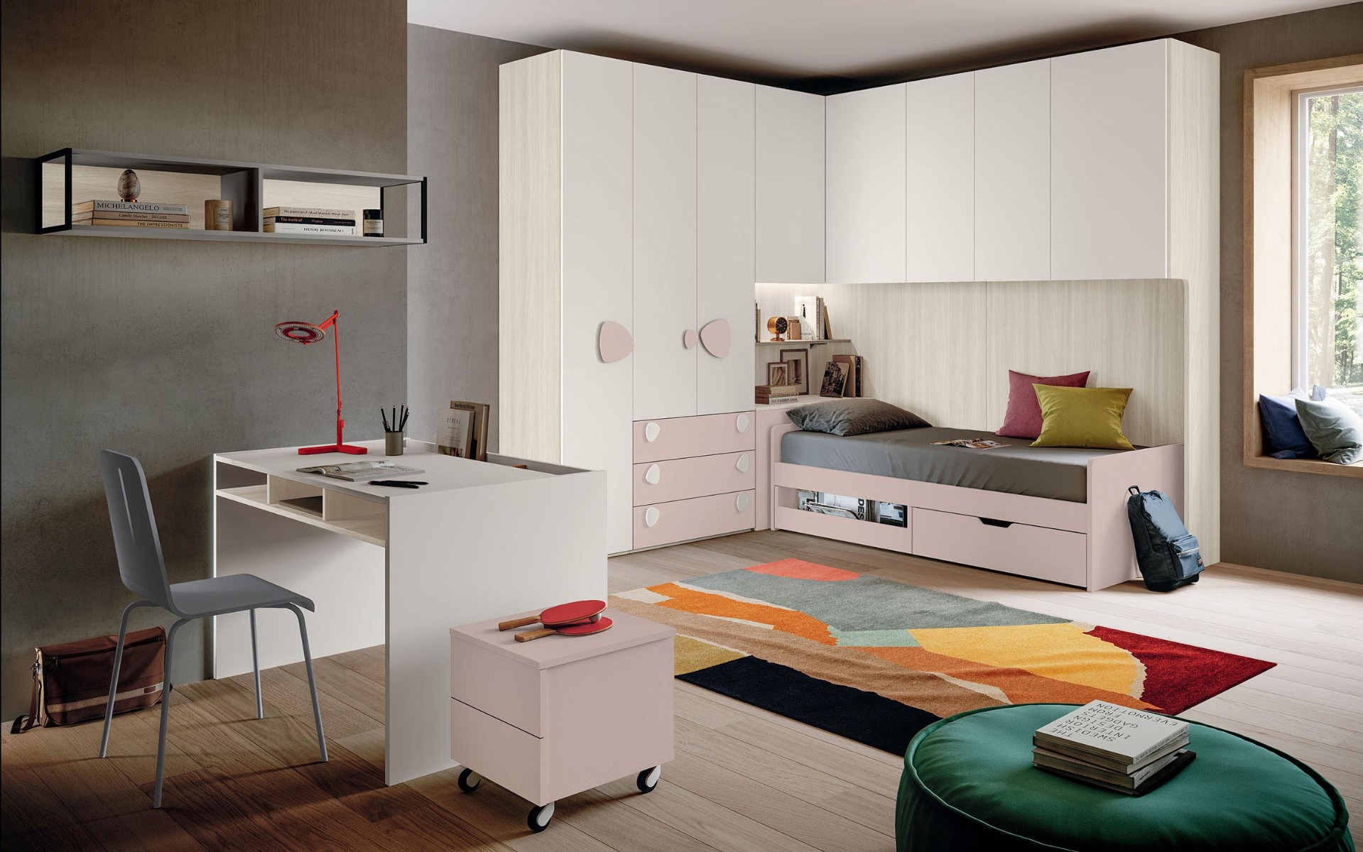 Cameretta bambine a ponte, finitura Rosa confetto, Bianco e Bianco altea