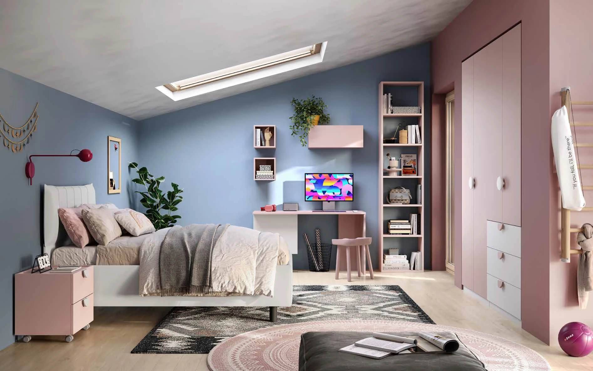 Cameretta ragazza con armadio, letto contenitore e comodino, Bianco opaco e Flamingo