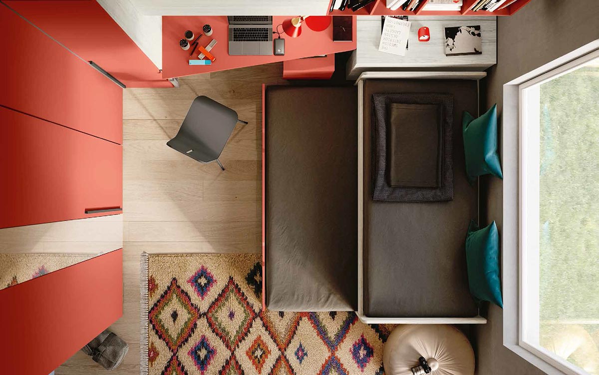 Cameretta ragazzi con armadio angolare, finitura Bianco altea, Grigio cenere, Corallo