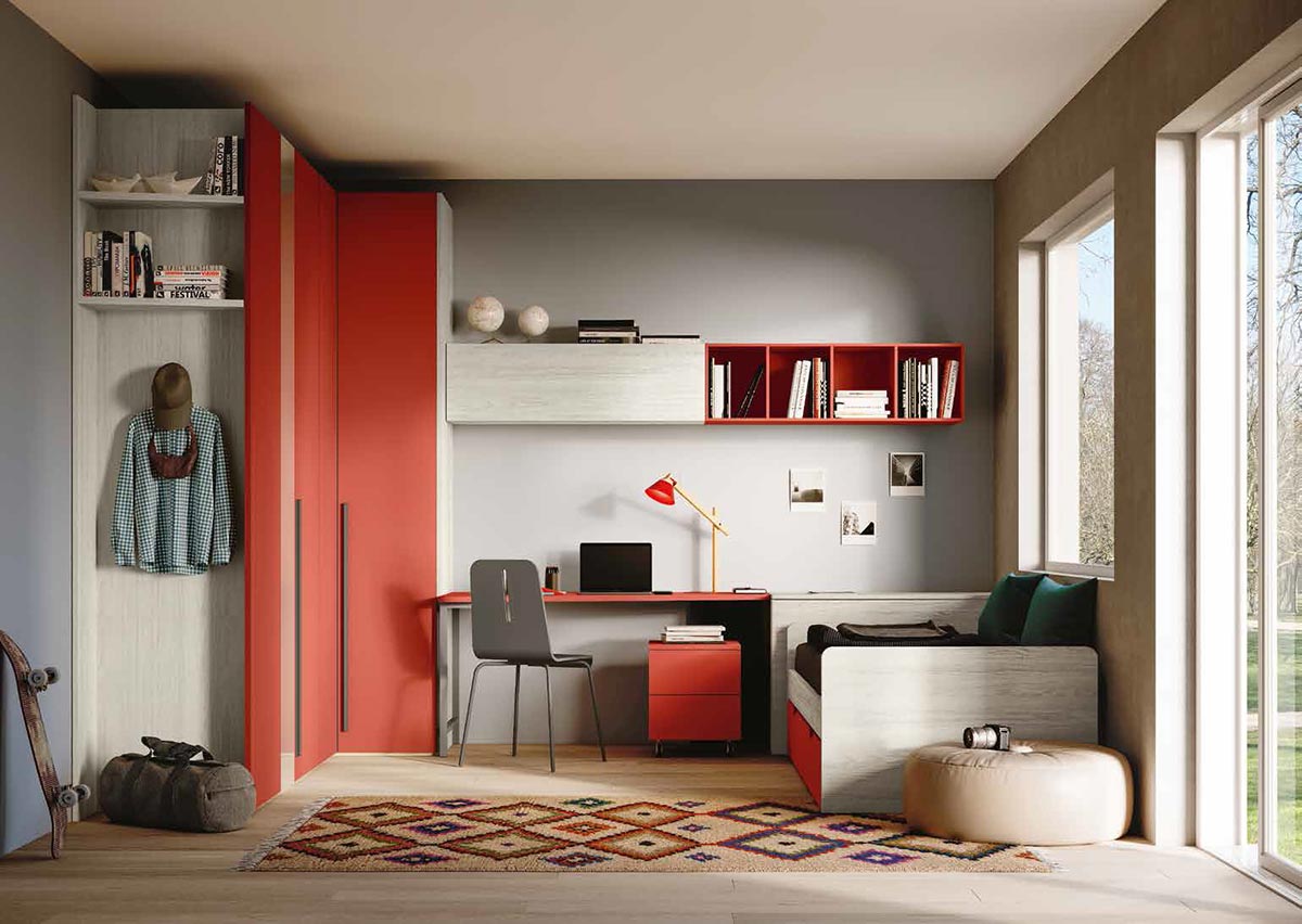 Cameretta ragazzi con armadio angolare, finitura Bianco altea, Grigio cenere, Corallo