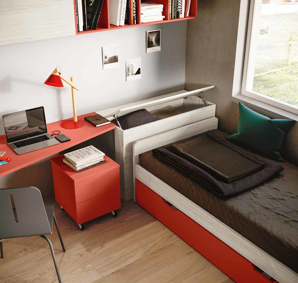 Cameretta ragazzi con armadio angolare, finitura Bianco altea, Grigio cenere, Corallo