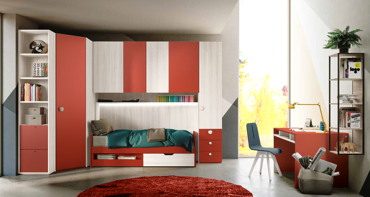 Divano letto con cassettoni libreria in Bianco altea e Corallo