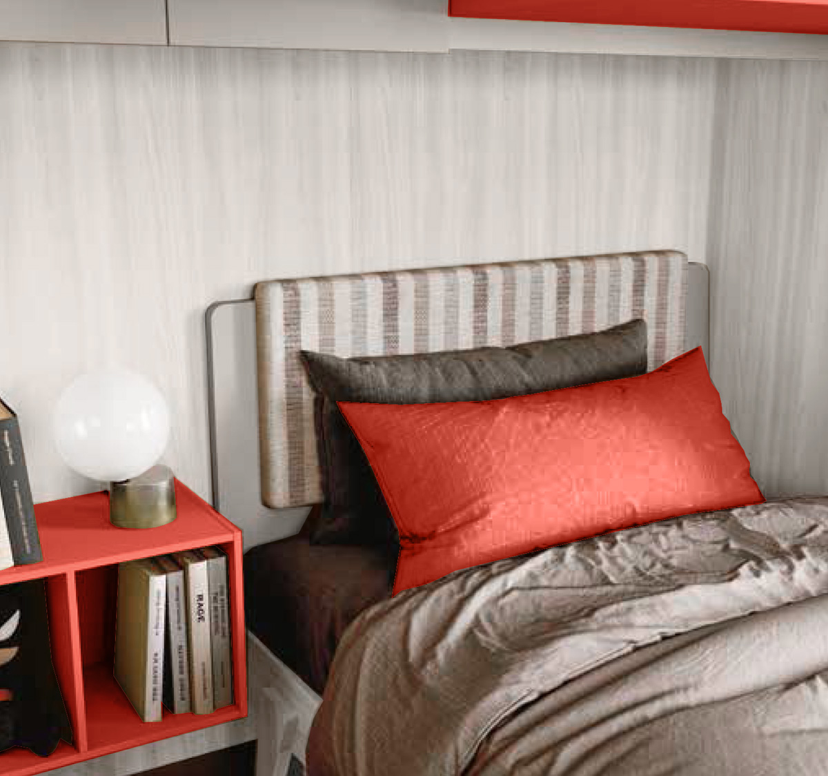 Cameretta con soppalco ad angolo, finitura Bianco altea, Grigio seta e Corallo