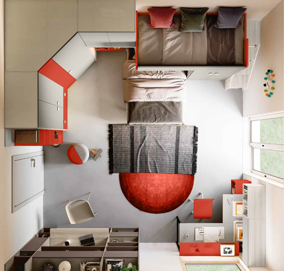 Cameretta con soppalco ad angolo, finitura Bianco altea, Grigio seta e Corallo