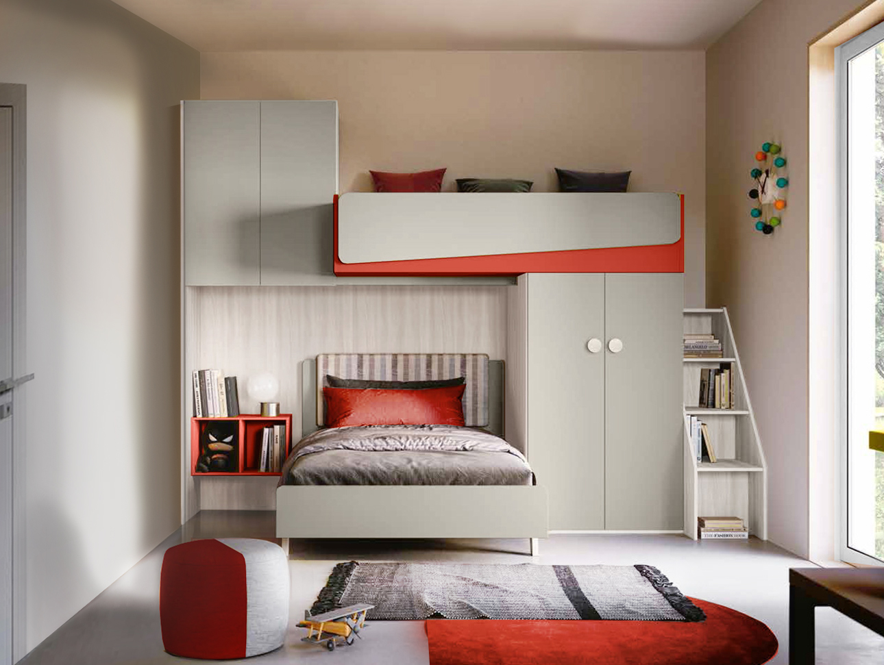 Cameretta soppalco con letto 1 piazza e mezza, finitura Bianco altea e Corallo