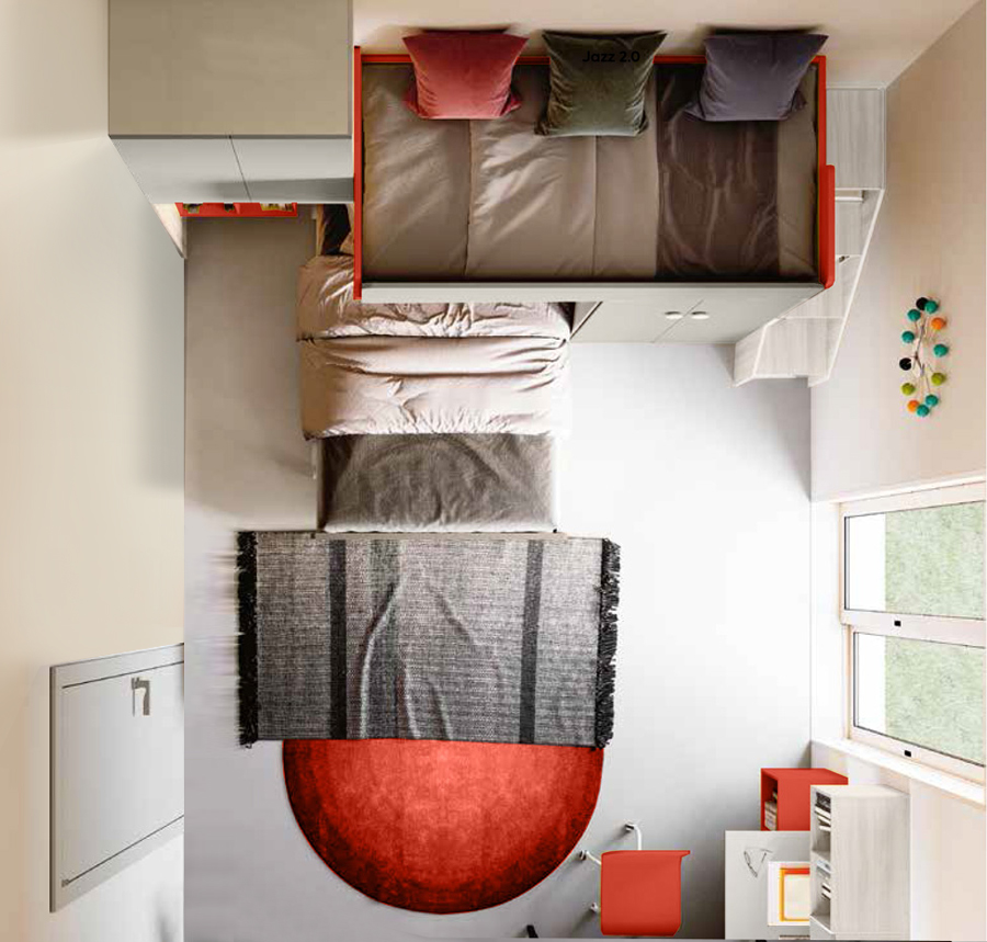 Cameretta soppalco con letto 1 piazza e mezza, finitura Bianco altea e Corallo