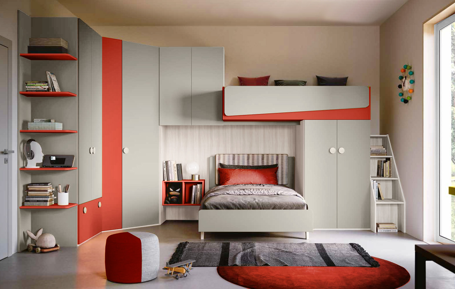 Cameretta con soppalco ad angolo, finitura Bianco altea, Grigio seta e Corallo