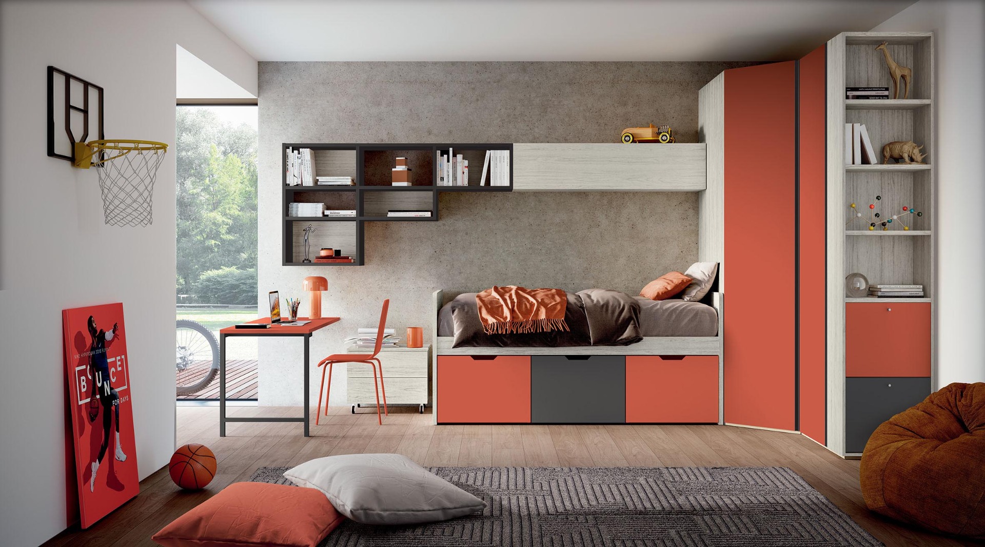 Cameretta con armadio angolare in finitura Bianco altea, Corallo e Grigio cenere