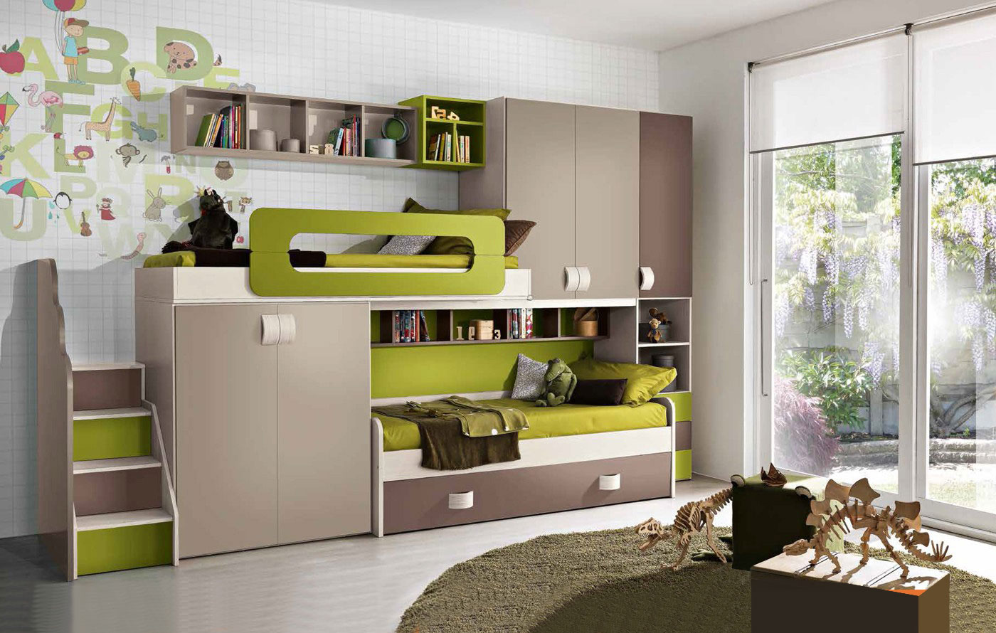 Cameretta con soppalco Desire in  finitura in Betulla, Brown, Talco e Verde Acido