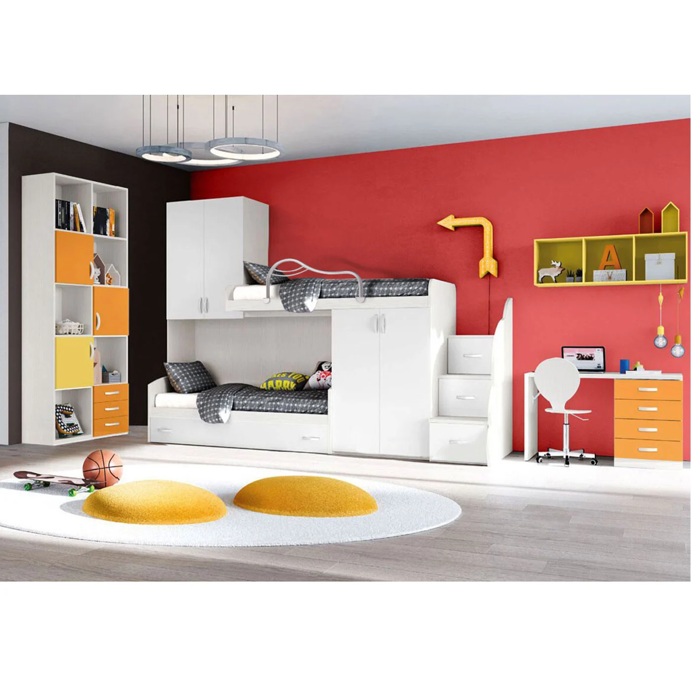 Letto a soppalco, cameretta Davide con 3 letti, tutta bianca