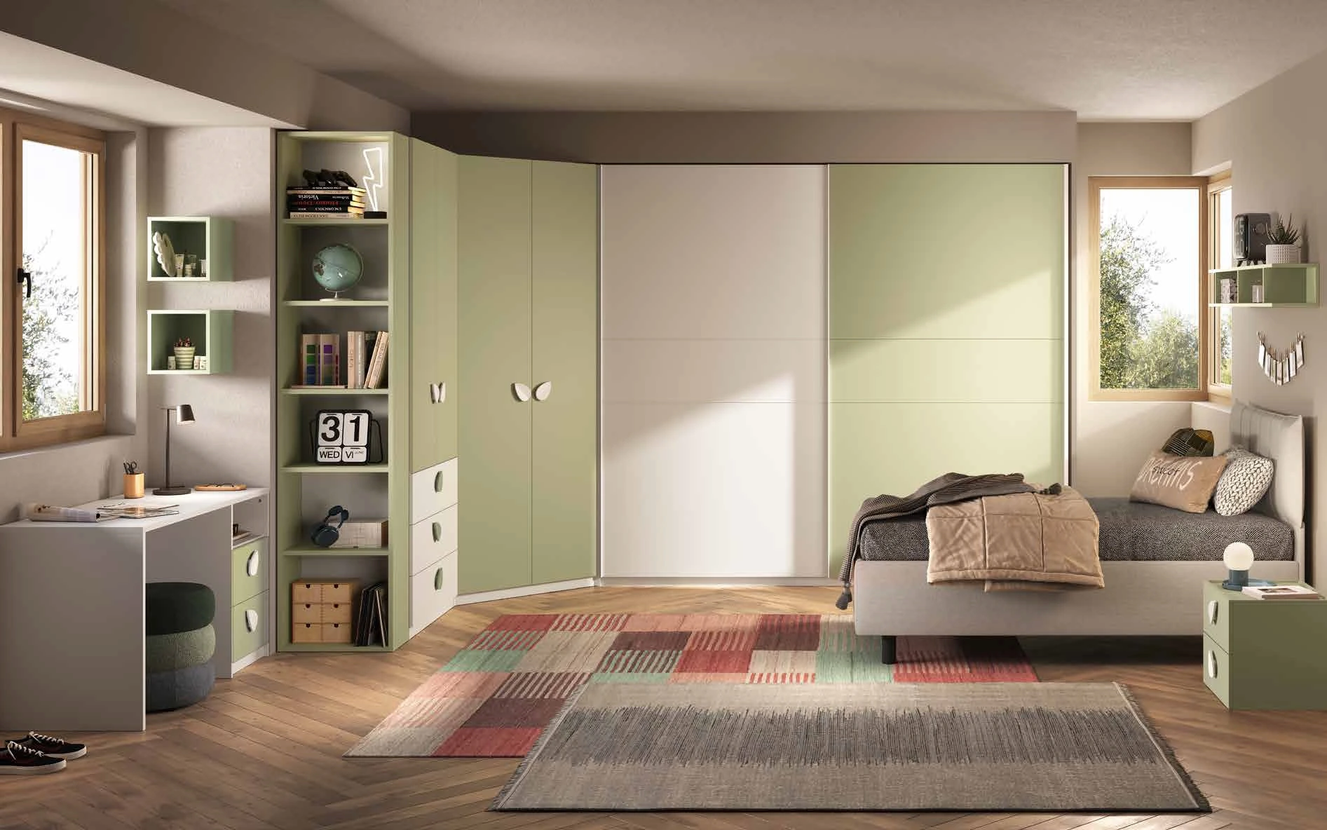 Cameretta completa con letto contenitore, Bianco opaco e Pistacchio